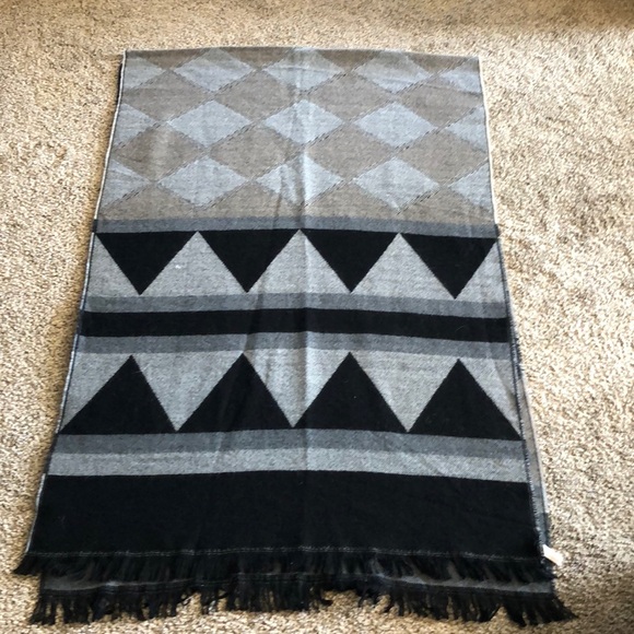Black, taupe, gray scarf with fringe. - Picture 2 of 2